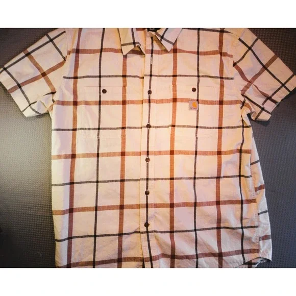 Carhartt Tan Plaid Short Sleeved Shirt Rugged Flex Relaxed Fit XL Pre-Owned - Picture 1 of 7
